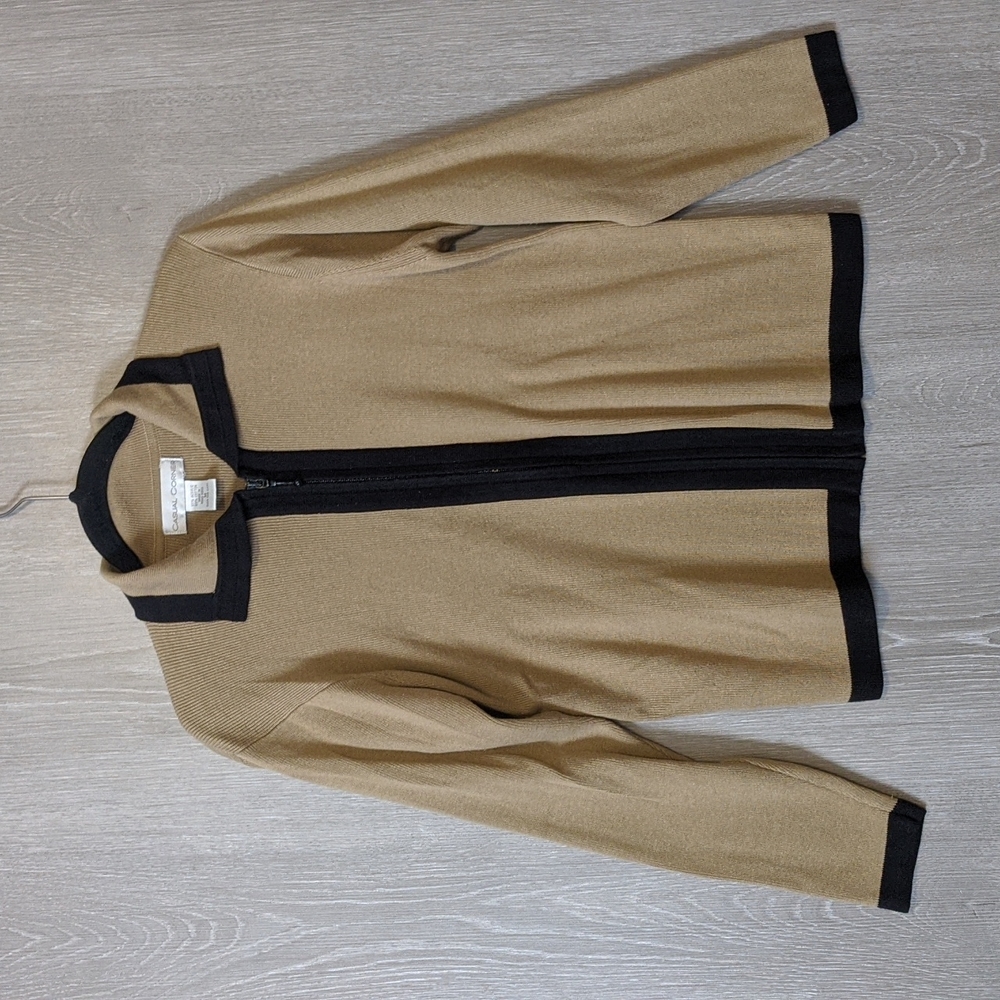 Casual Corner Tan Sweater Jacket with Black Trim